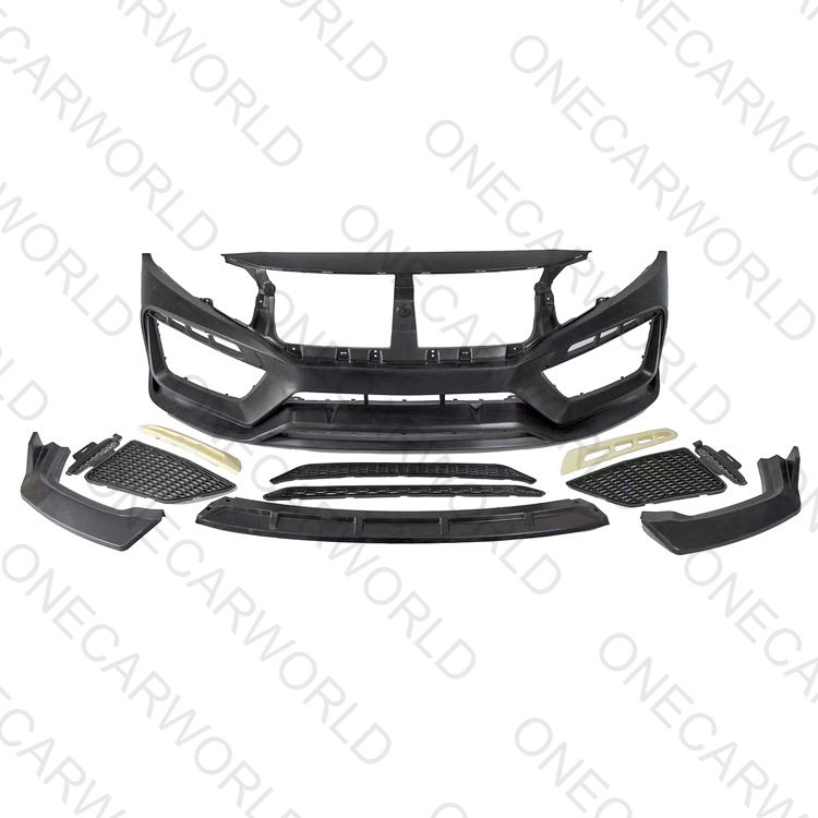 RS style front bumper kit for Honda Civic 2016–2021, shown unpainted in black with all included grille inserts, air ducts, and trim pieces – OneCarWorld