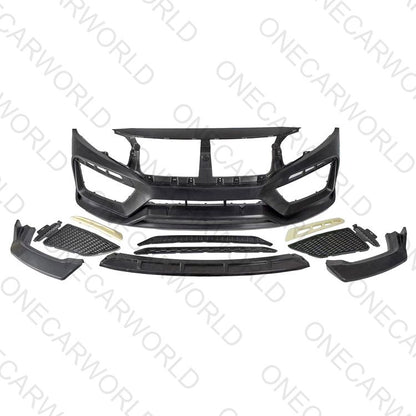 RS style front bumper kit for Honda Civic 2016–2021, shown unpainted in black with all included grille inserts, air ducts, and trim pieces – OneCarWorld