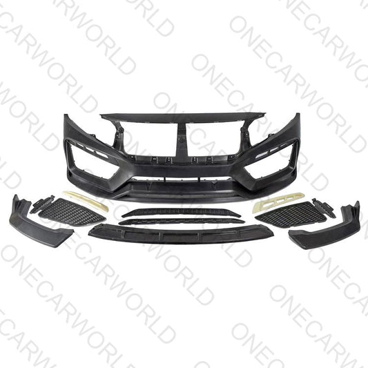 RS style front bumper kit for Honda Civic 2016–2021, shown unpainted in black with all included grille inserts, air ducts, and trim pieces – OneCarWorld