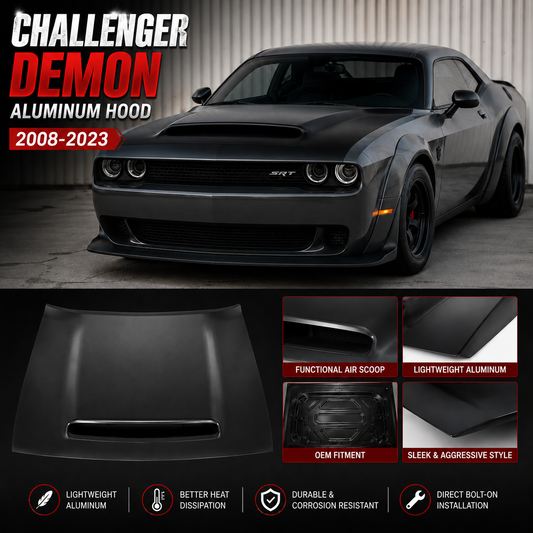 Matte black Dodge Challenger Demon Style Aluminum Hood for 2008-2023 models featuring functional air scoop, lightweight aluminum construction, OEM fitment, and aggressive muscle car styling.