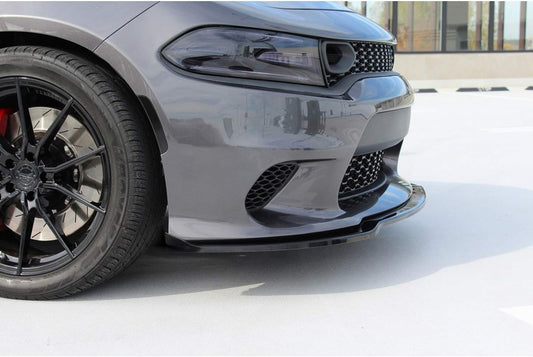 2015–2023 Dodge Charger front lip V3 style gloss black PP installed on SRT front bumper
