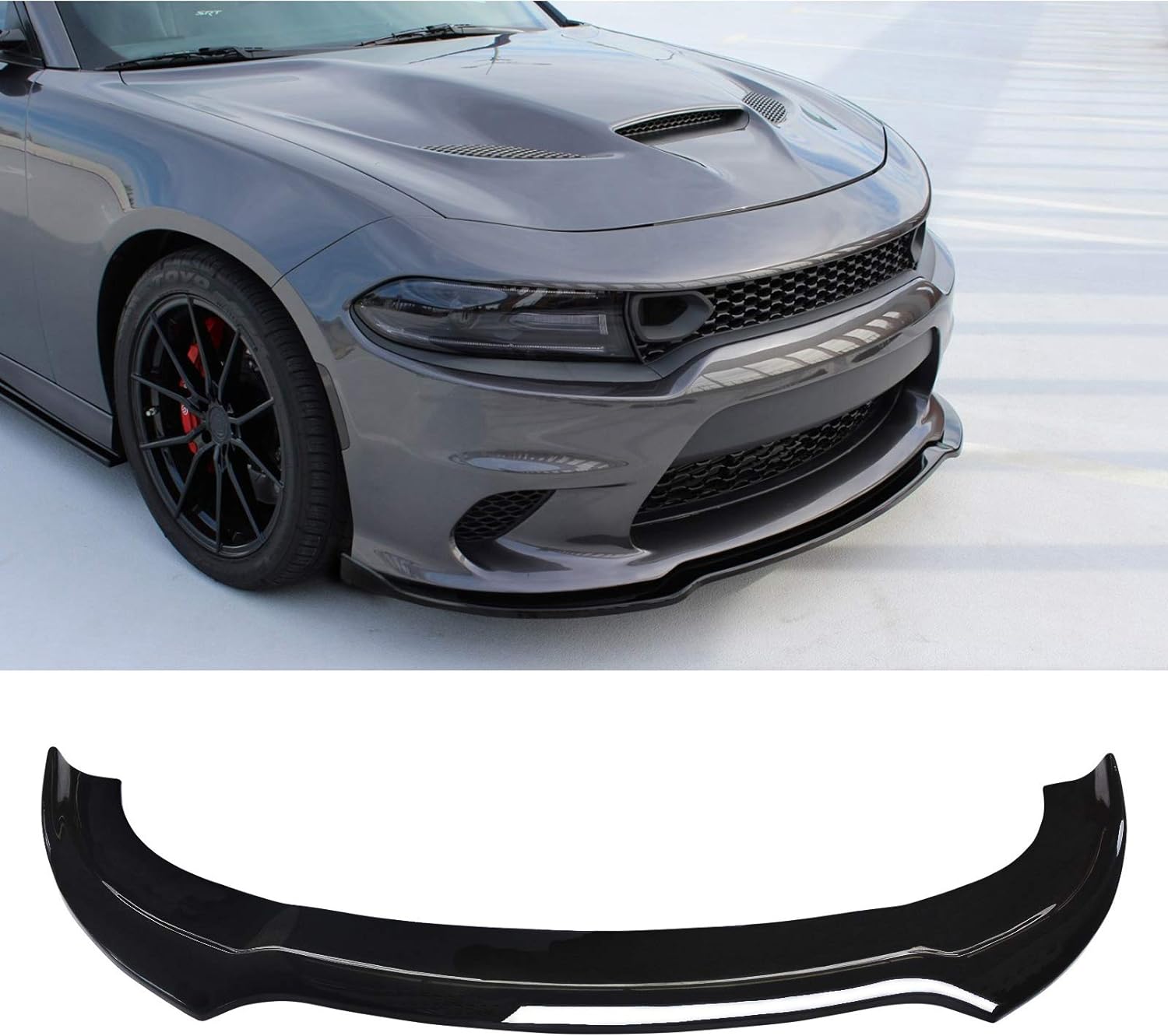 V3 style gloss black Dodge Charger front lip installed on 2015–2023 SRT with standalone charger front splitter 