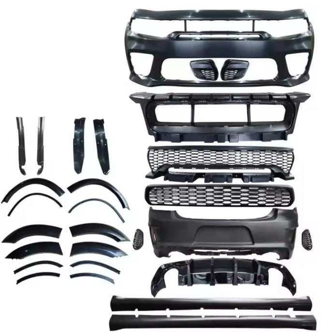 Complete Dodge Charger SRT-style Hellcat wide body kit with all parts displayed, including front and rear bumpers, fender flares, grilles, and side skirts — available at OneCarWorld.