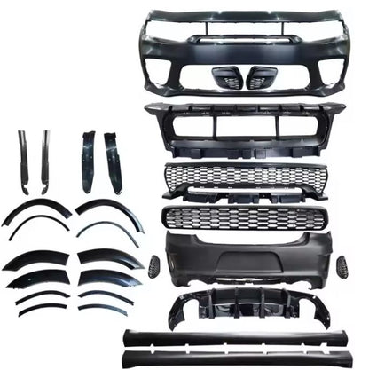Complete Dodge Charger SRT-style Hellcat wide body kit with all parts displayed, including front and rear bumpers, fender flares, grilles, and side skirts — available at OneCarWorld.