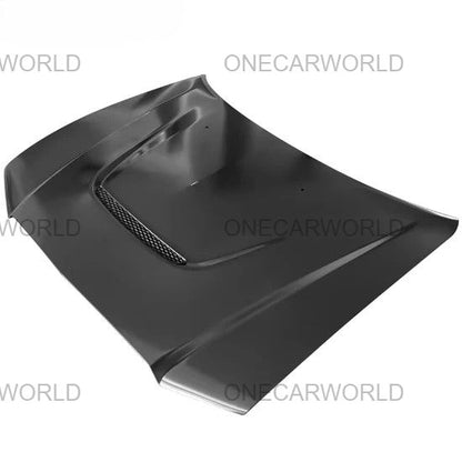 Close-up of high-quality SRT-style aluminum hood for 2008–2014 Dodge Charger showcasing vent detail and sculpted design