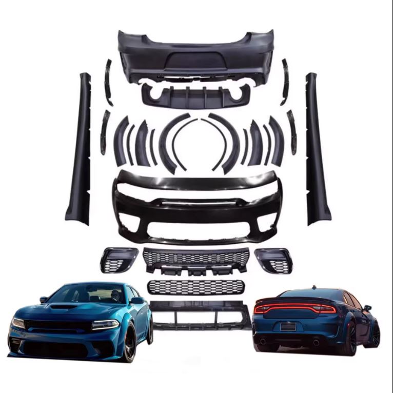 Complete Dodge Charger SRT-style Hellcat wide body kit displayed with all components including bumpers, fender flares, side skirts, and grilles, plus installed examples on blue Chargers – available at OneCarWorld