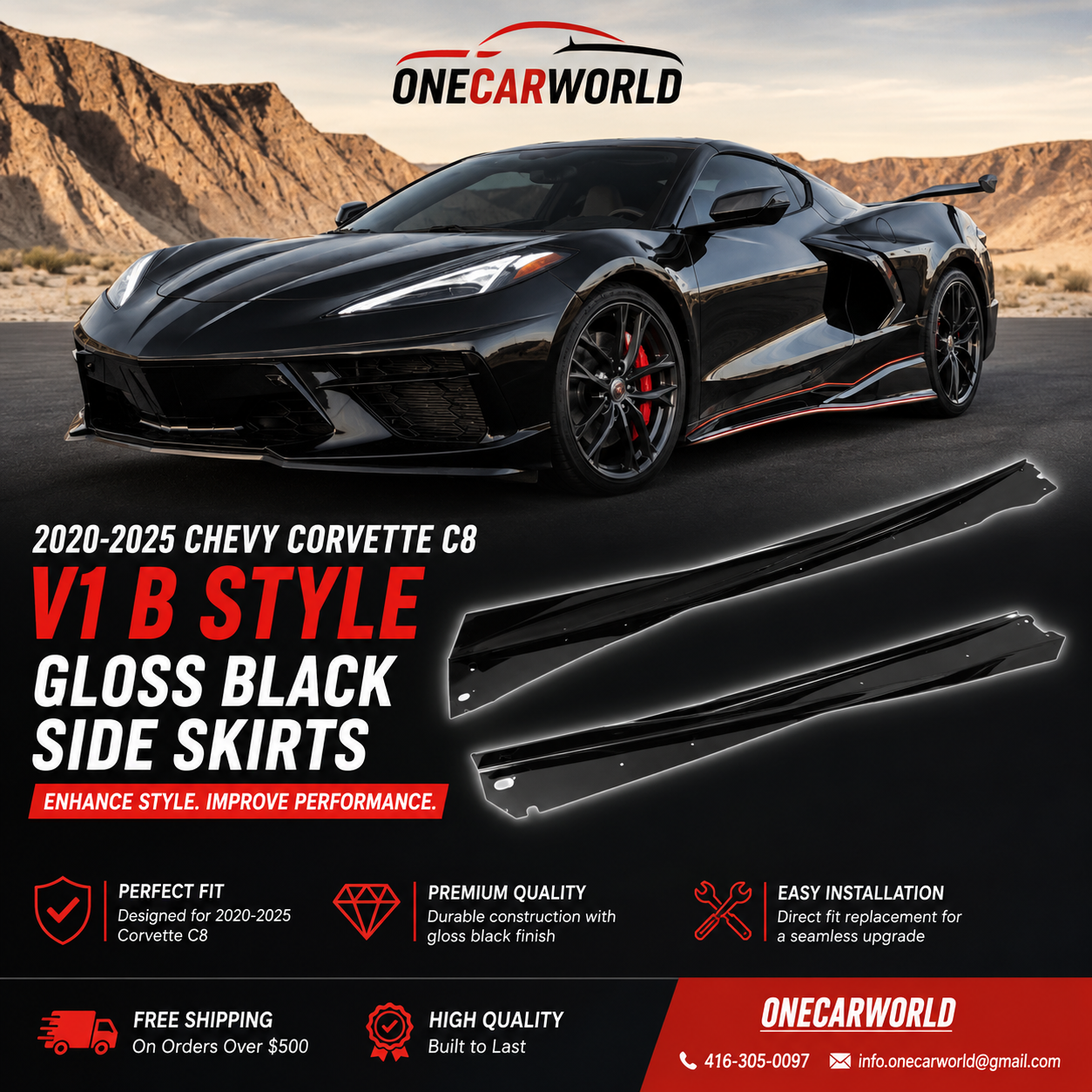 Chevrolet Corvette C8 V1 B Style Gloss Black Side Skirts | 2020-2025 | Premium ABS Aero Side Splitters | Onecarworld