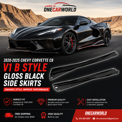 Chevrolet Corvette C8 V1 B Style Gloss Black Side Skirts | 2020-2025 | Premium ABS Aero Side Splitters | Onecarworld