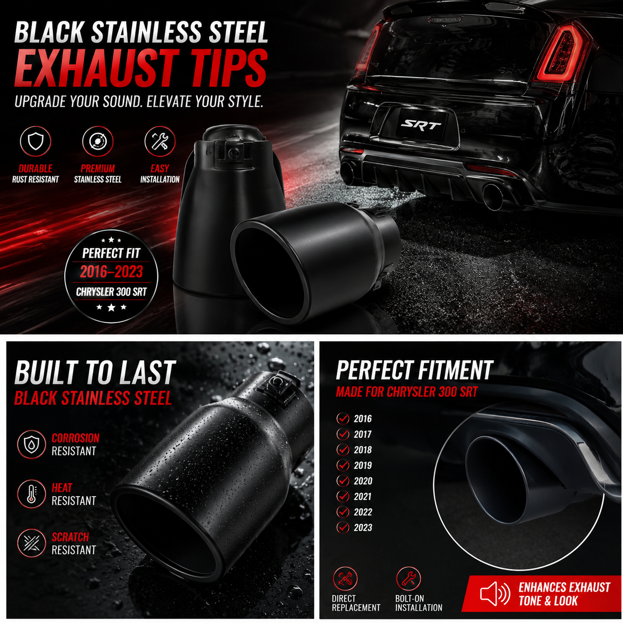 Chrysler 300 2015-2023 SRT Style Round Exhaust Tips Black Stainless Steel Pair Onecarworld