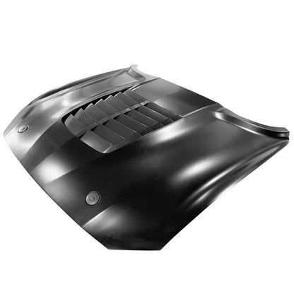 2015–2017 Ford Mustang GT500 style hood featuring aggressive heat extractor vents and aerodynamic Shelby-inspired lines.