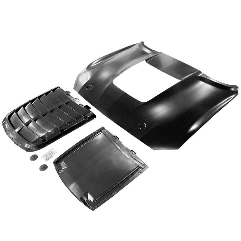 Complete GT500 style hood kit for 2015–2017 Ford Mustang, showing vent insert, hood panel, and components for professional installation.