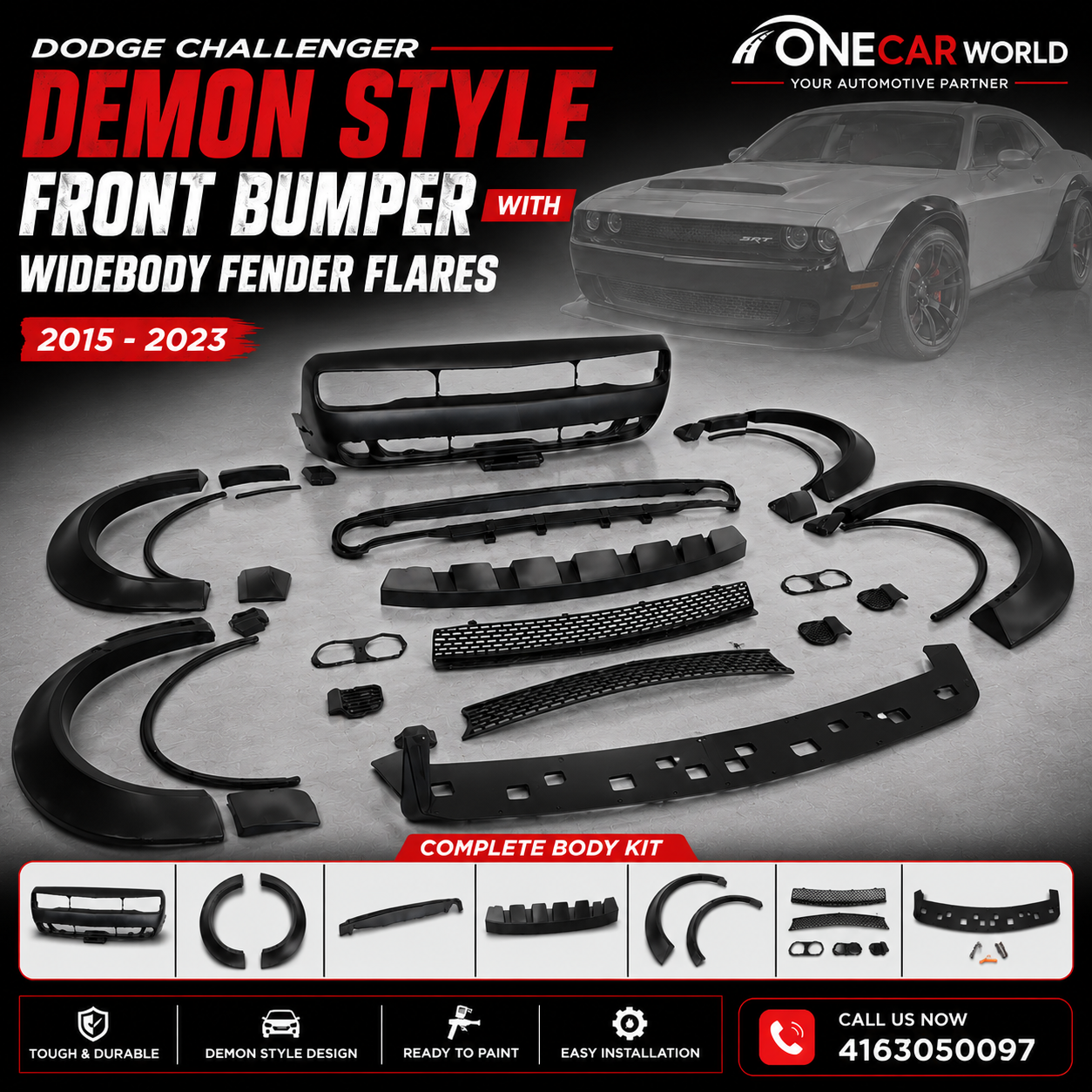 Dodge Challenger Demon Style Front Bumper with Lip, Fender Flares 2015-2023 | Polypropylene | Unpainted  Onecarworld