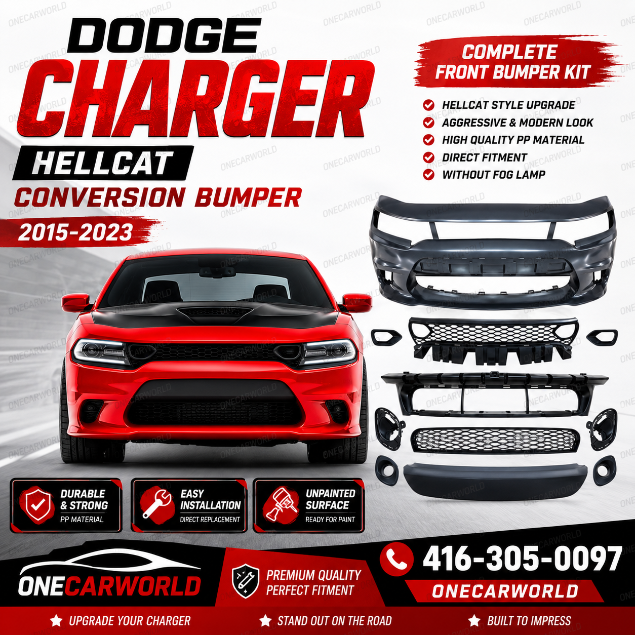 Dodge Charger Front Bumper Kit Hellcat Conversion 2015-2023 Without Fog Lamp Option Unpainted PP Onecarworld