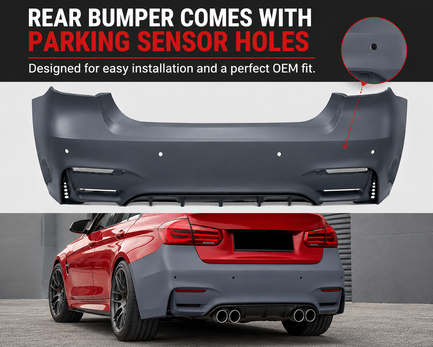 BMW 3 Series F30 M3 Style Rear Bumper 2012-2018 Unpainted Primer with Parking Sensor Holes Onecarworld