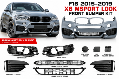 F16 2015-2019 X6 MSPORT LOOK FRONT BUMPER KIT HIGH QUALITY POLY PLASTIC - PRIMED FINISH
INCLUDES FRONT BUMPER AND ALL THE INSTERTS