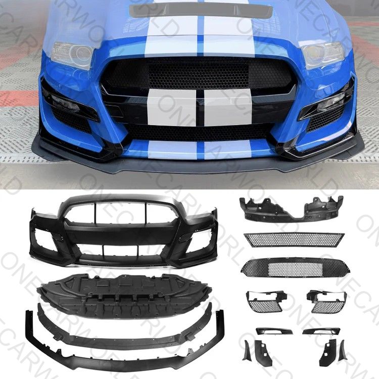 Complete GT500 front bumper conversion kit for 2010–2014 Ford Mustang with installed example and all included components from OneCarWorld