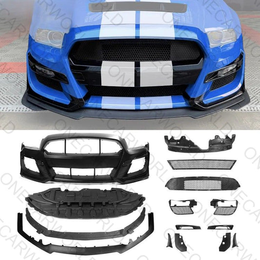 Complete GT500 front bumper conversion kit for 2010–2014 Ford Mustang with installed example and all included components from OneCarWorld