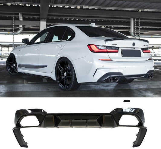 Gloss black rear diffuser for BMW G20 3 Series M Sport 2019–2023, featuring aggressive quad exhaust cutouts and aerodynamic lower bumper lip.