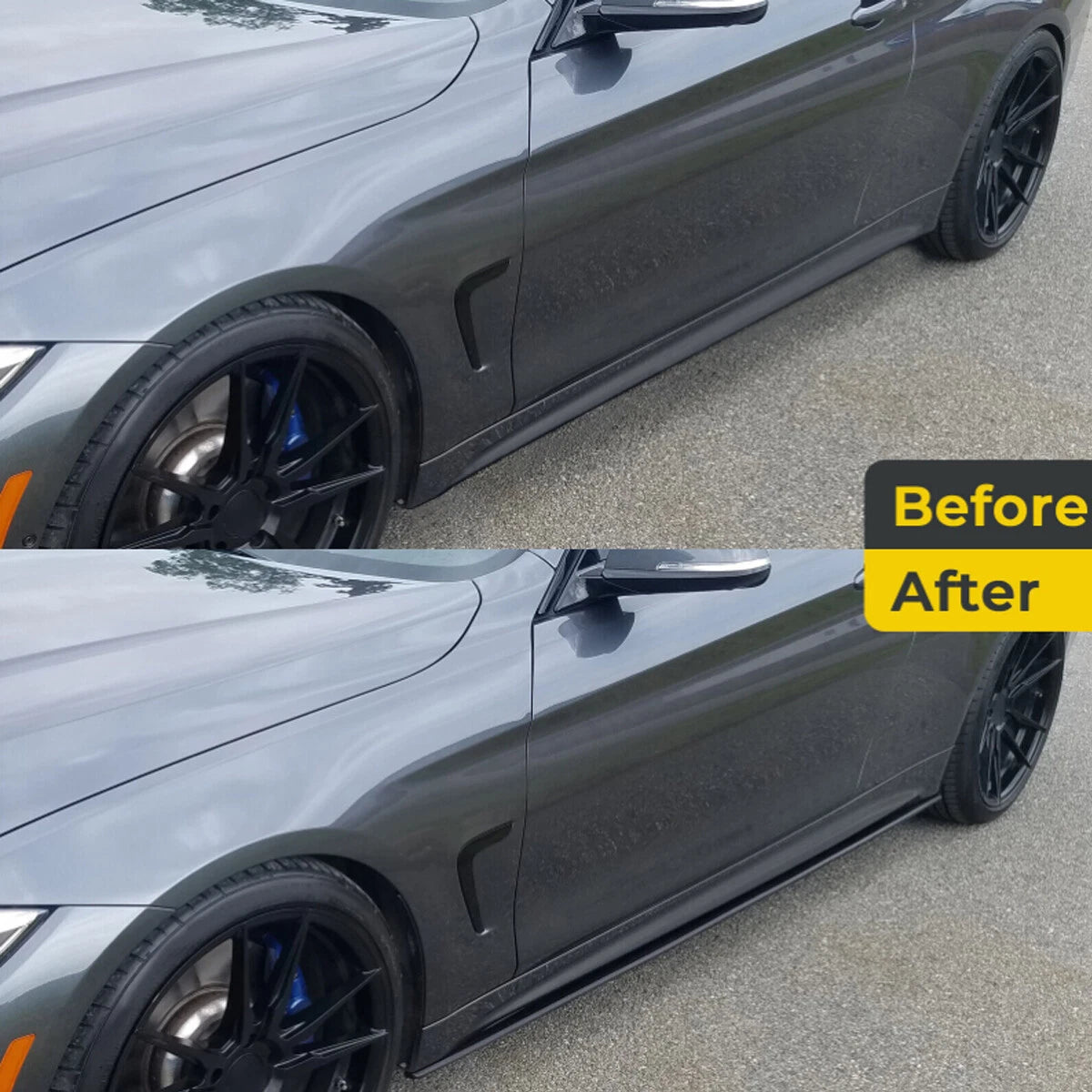 Before and after installation of glossy black side skirts extension lip on BMW 4 Series G22 G23 2-Door 2020+, showing improved style and lower body enhancement – OneCarWorld upgrade.