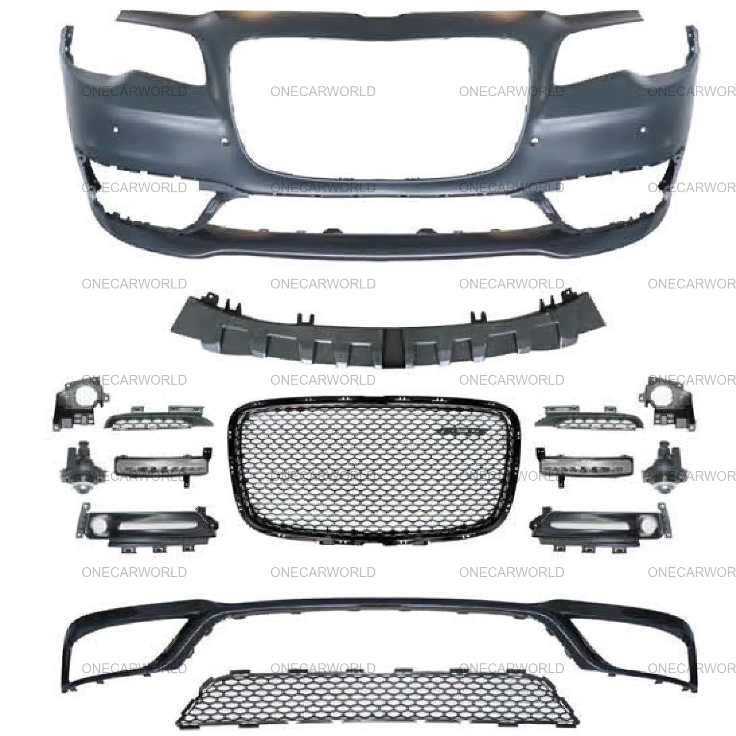 Unpainted SRT-style front bumper kit for 2015–2023 Chrysler 300S with fog lamps, DRL, mesh grille, and trim components