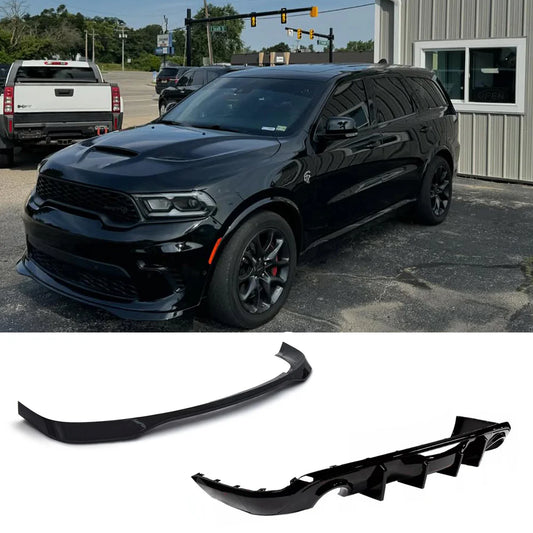 For 2021–2025 Dodge Durango SRT Style Front Bumper Lip (Unpainted) & Rear Diffuser (Gloss Black) Conversion Kit