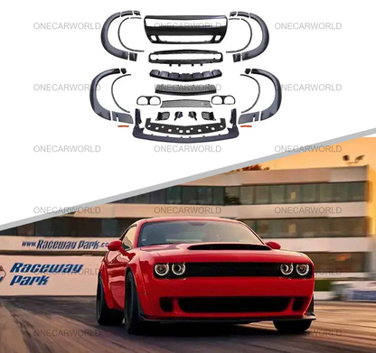 Complete Dodge Challenger Demon Style Front Bumper Kit with Lip and Fender Flares – 2015 to 2023, Shown Unassembled and Installed