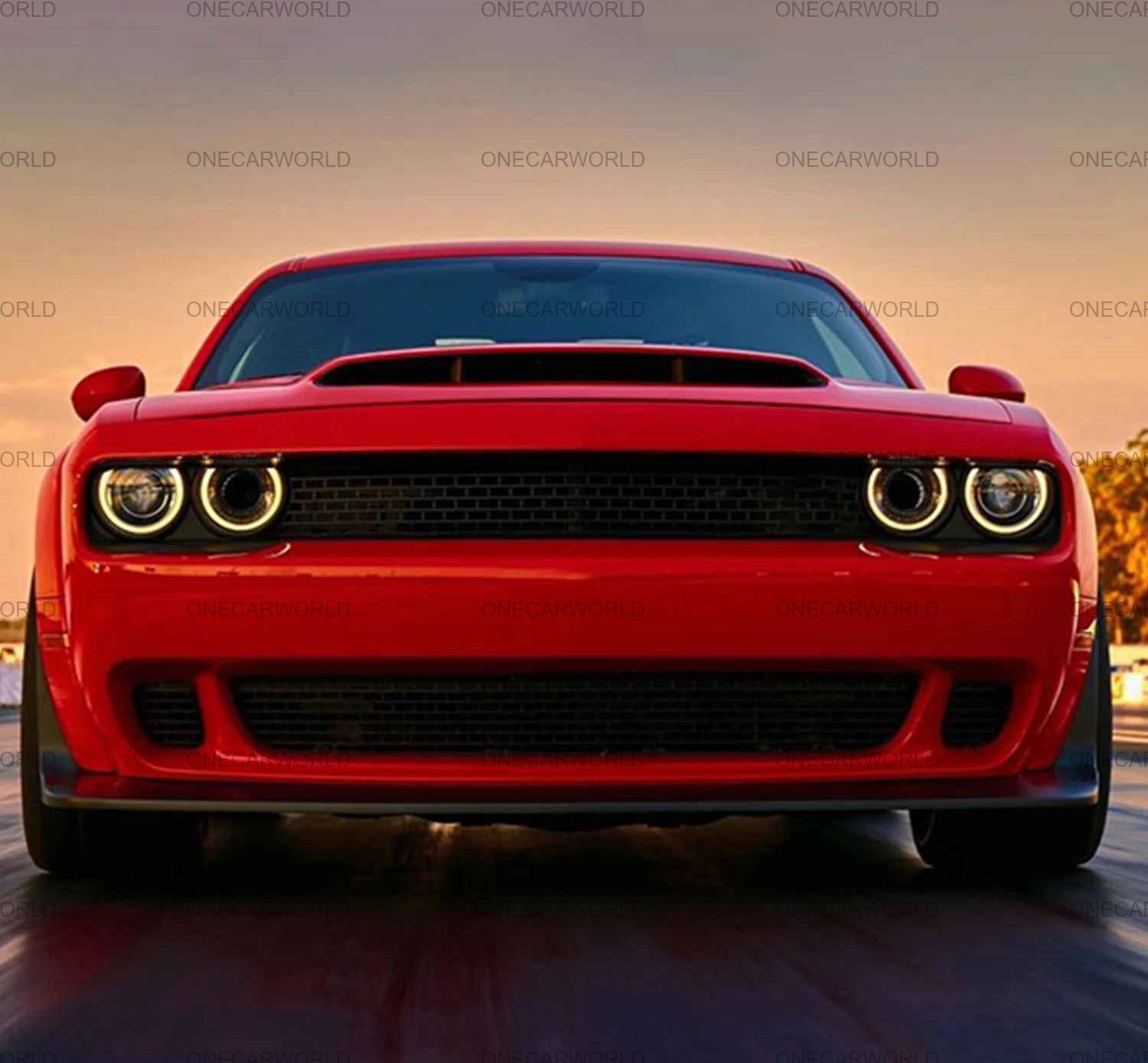Front View of 2015–2023 Dodge Challenger with Demon Style Front Bumper Kit Installed – Wide Body Look