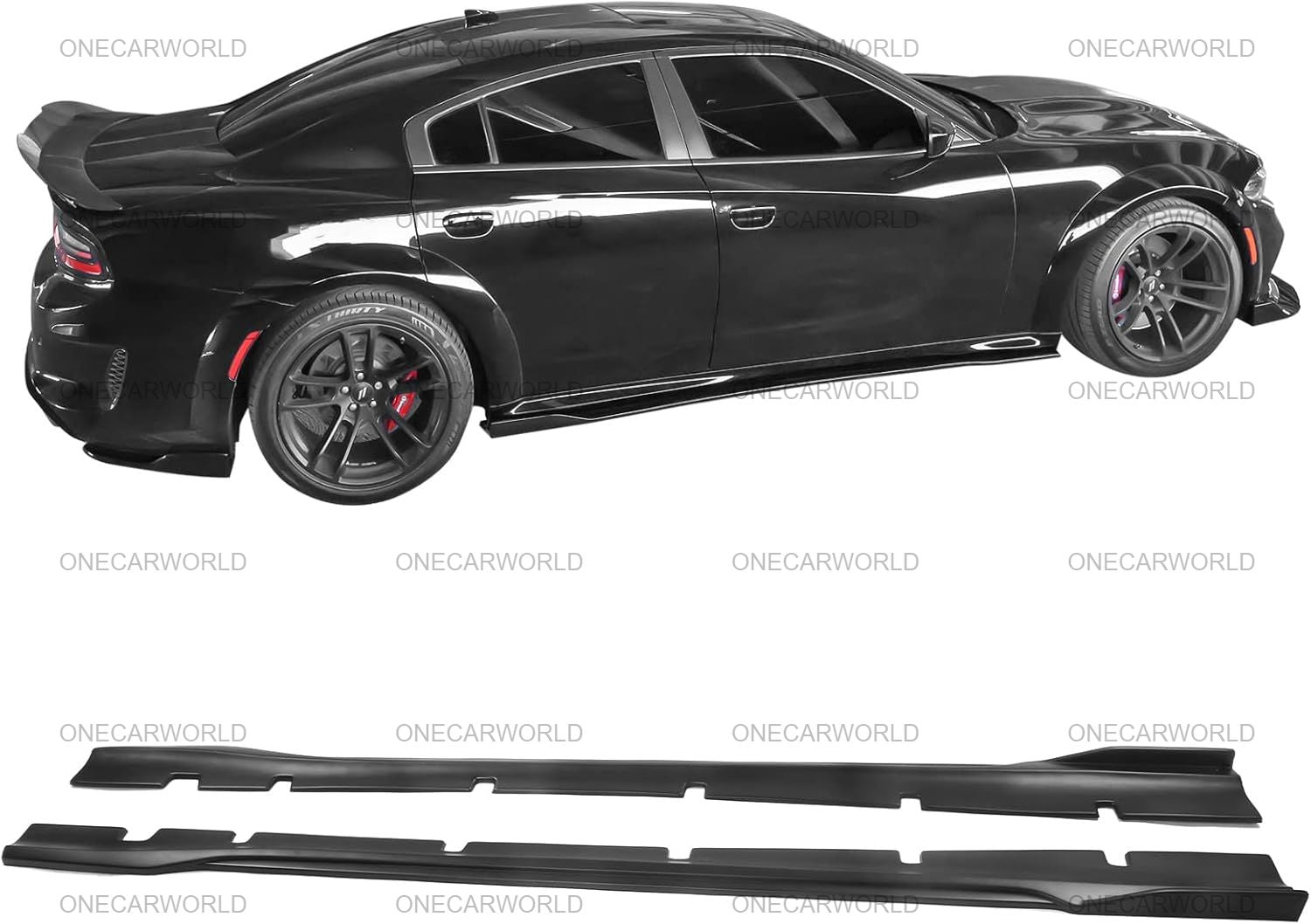Dodge Charger Widebody 2020–2023 equipped with glossy black side skirts, shown alongside product layout to highlight design and fitment – OneCarWorld upgrade.