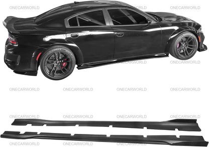 Dodge Charger Widebody 2020–2023 equipped with glossy black side skirts, shown alongside product layout to highlight design and fitment – OneCarWorld upgrade.