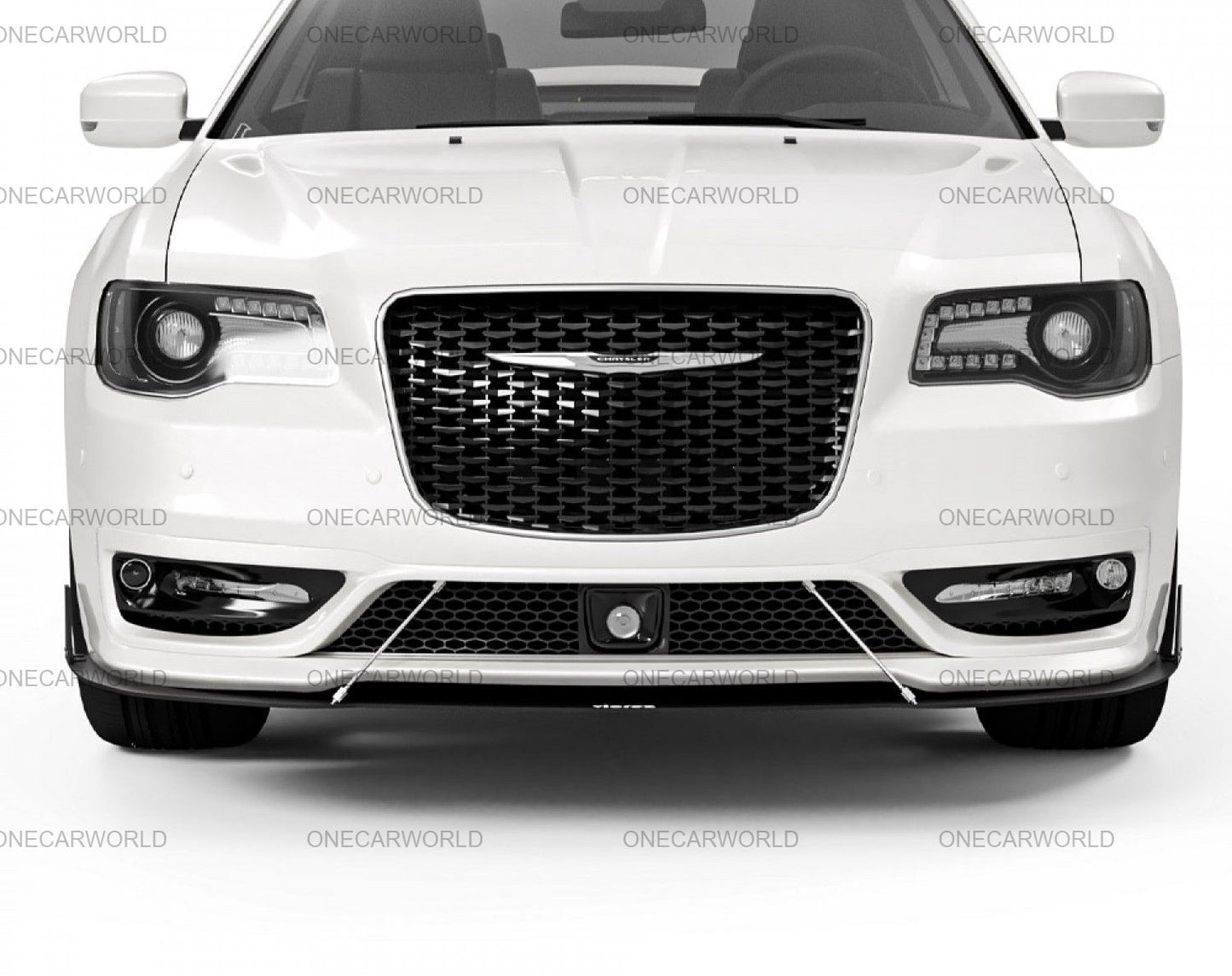 Front close-up of 2015–2023 Chrysler 300S with SRT-style bumper featuring fog lights, mesh grille, and DRL installed