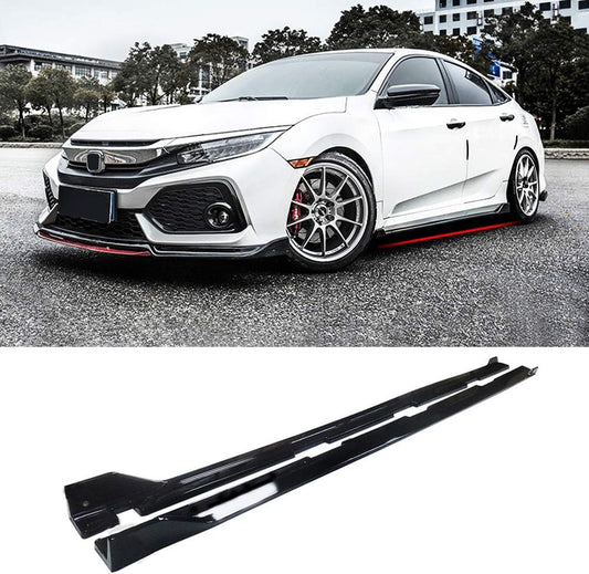 Honda Civic 2016–2021 equipped with gloss black side skirts and matching aerodynamic body kit, shown with product view – available at OneCarWorld.
