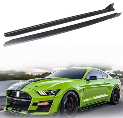 Green Mustang fitted with black side skirts extension kit, showcasing an aggressive performance stance and aerodynamic styling – available at OneCarWorld.