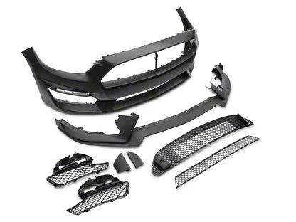 Mustang GT500 style front bumper conversion kit with grille inserts and lower lip components for aftermarket upgrade in Canada