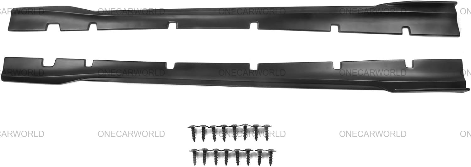Glossy black side skirts for Dodge Charger Widebody 2020–2023 shown with included mounting screws, highlighting full installation kit – OneCarWorld.