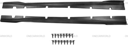 Glossy black side skirts for Dodge Charger Widebody 2020–2023 shown with included mounting screws, highlighting full installation kit – OneCarWorld.