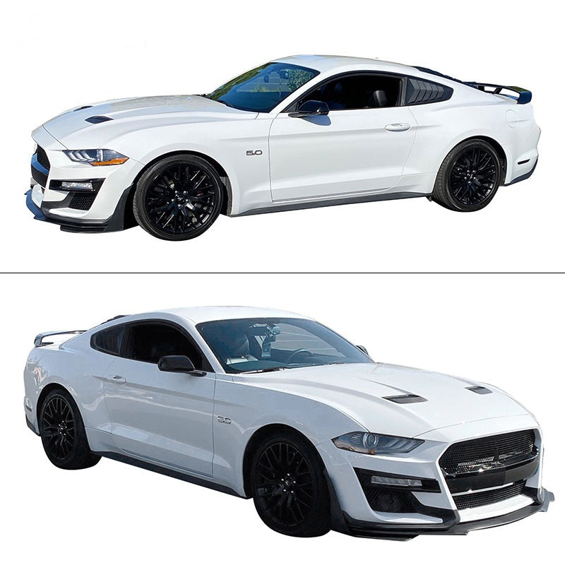 Side profile views of a white 2018–2022 Ford Mustang with a Shelby GT500 front bumper conversion kit installed, showcasing clean fitment, aggressive styling, and aerodynamic design from multiple angles.