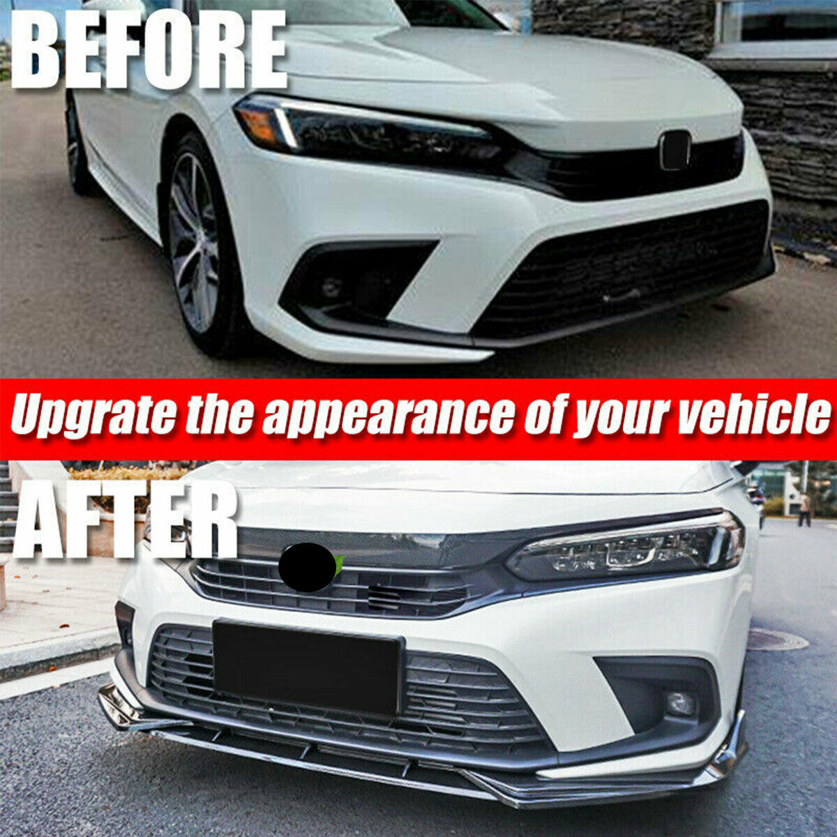 Honda Civic 11th Sedan 4Dr Front Bumper Lip Spoiler Gloss Black Fits 2021 2022 - ONECARWORLD