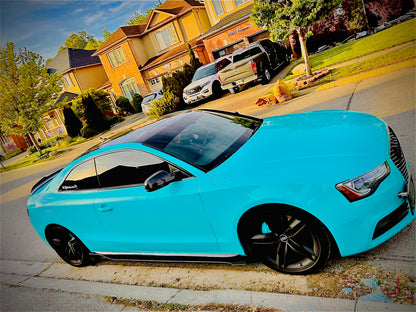 Audi coupe with custom gloss black side skirts installed, showcasing sporty stance and street-style modifications – OneCarWorld automotive upgrade.