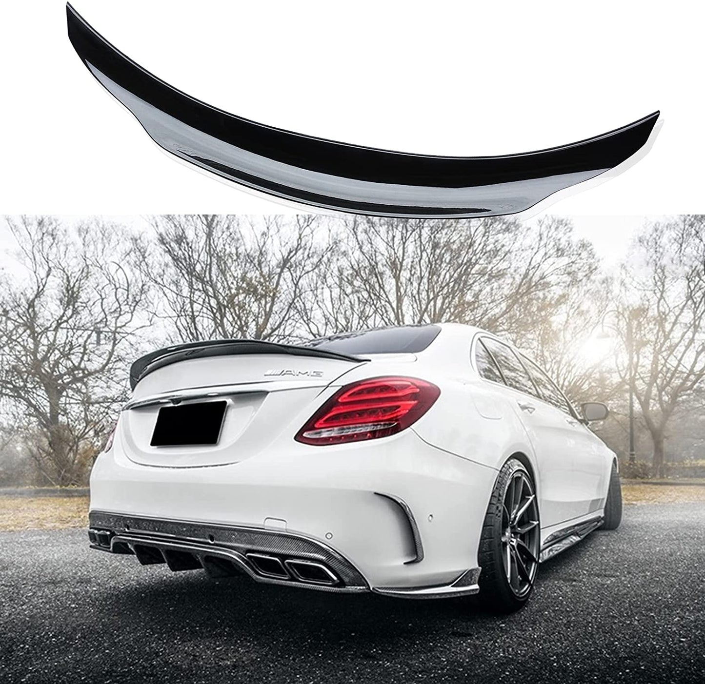 Glossy -style lip spoiler installed on a Mercedes-Benz AMG sedan, enhancing trunk aerodynamics and rear-end styling.