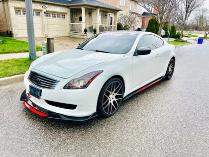 White coupe featuring universal gloss black side skirts with red trim, showcasing a bold, custom-styled street appearance – available at OneCarWorld.